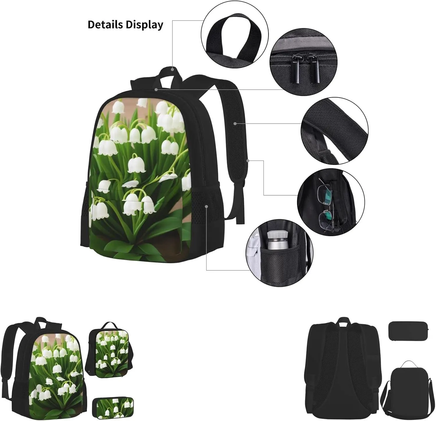 Lilies Of The Valley Three-Piece Backpack Set With Pocket Backpack Cross-Body Lunch Bag Pen Bag For Travel Daypack