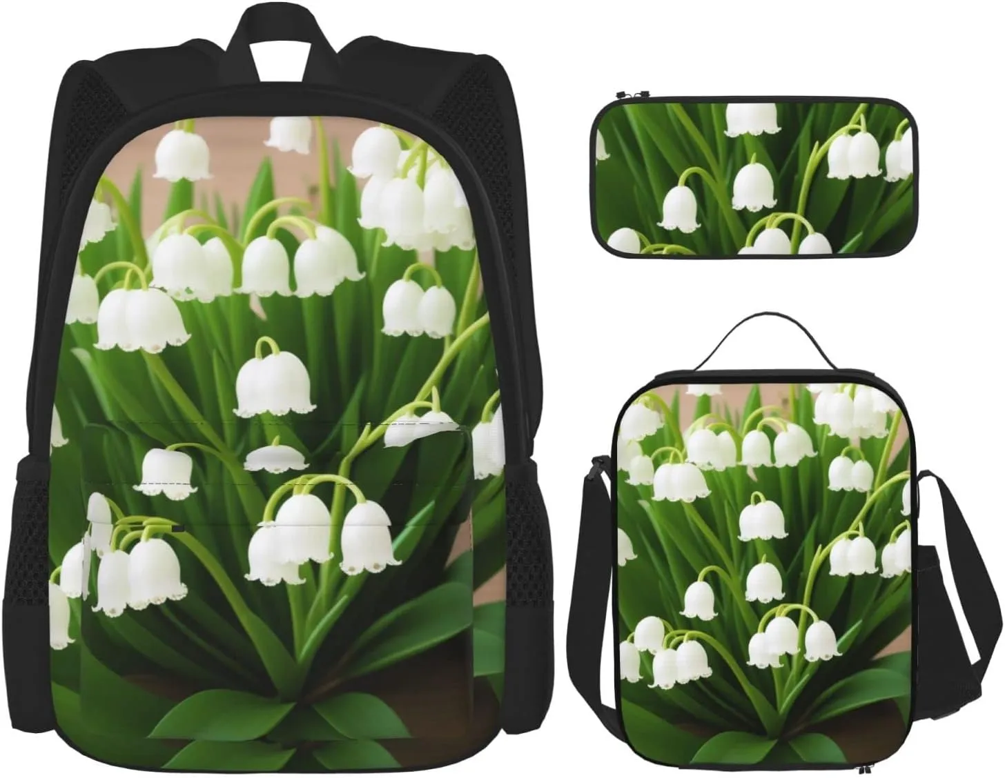 Lilies Of The Valley Three-Piece Backpack Set With Pocket Backpack Cross-Body Lunch Bag Pen Bag For Travel Daypack