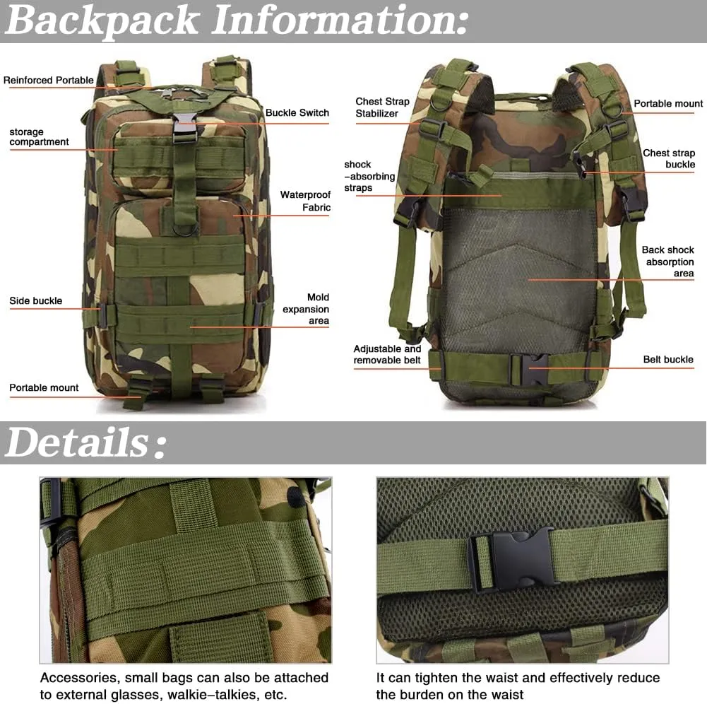 LIMHOO Tactical Backpack for Men - Small Army Backpack Military Rucksack 30L EDC Molle Bag with USA Flag Patch (Jungle Camo)