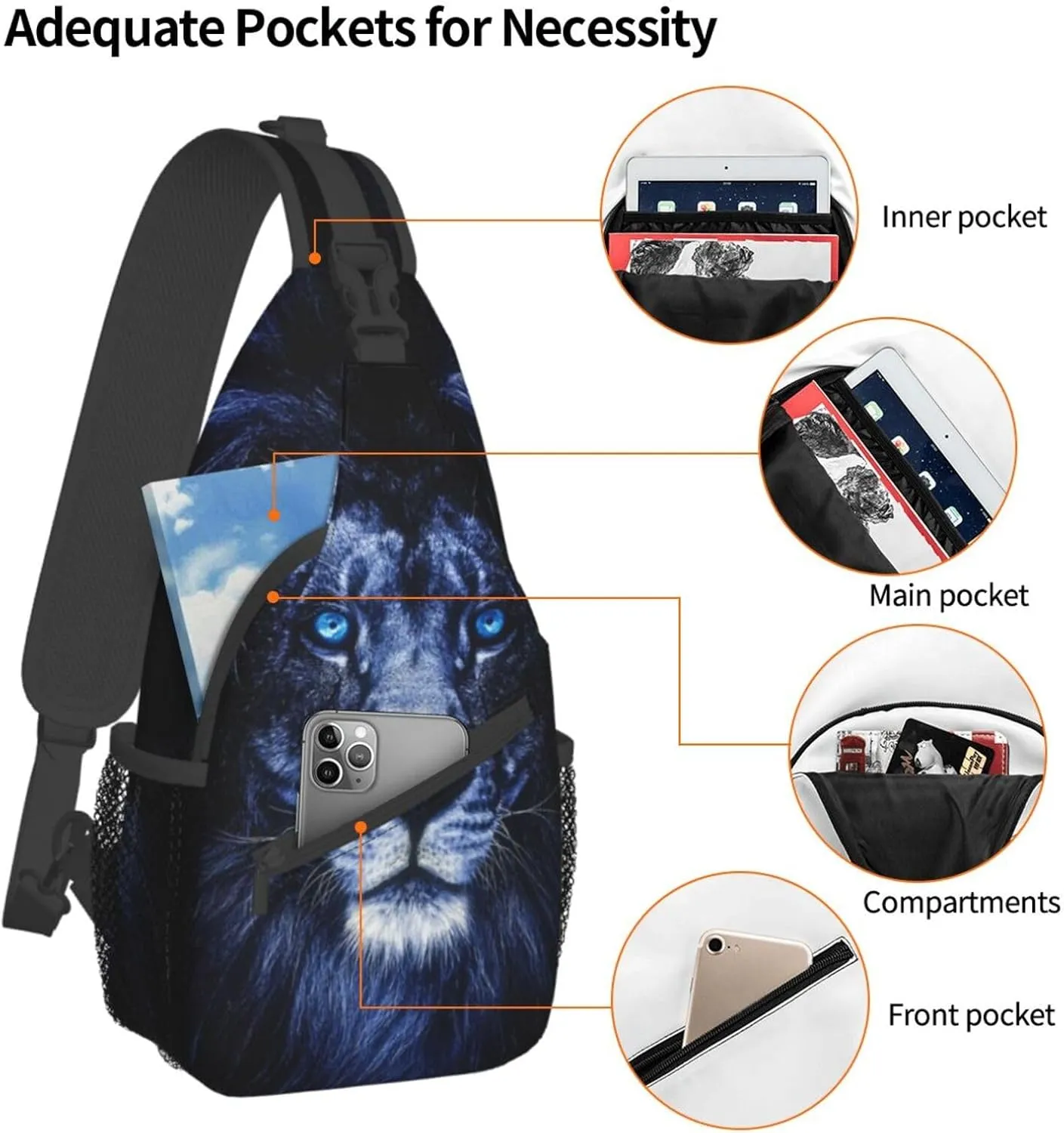 Lion Shoulder Bag Mens Sling Backpack Daypack Casual Backpack Hiking Bag Cool Backpack Bag