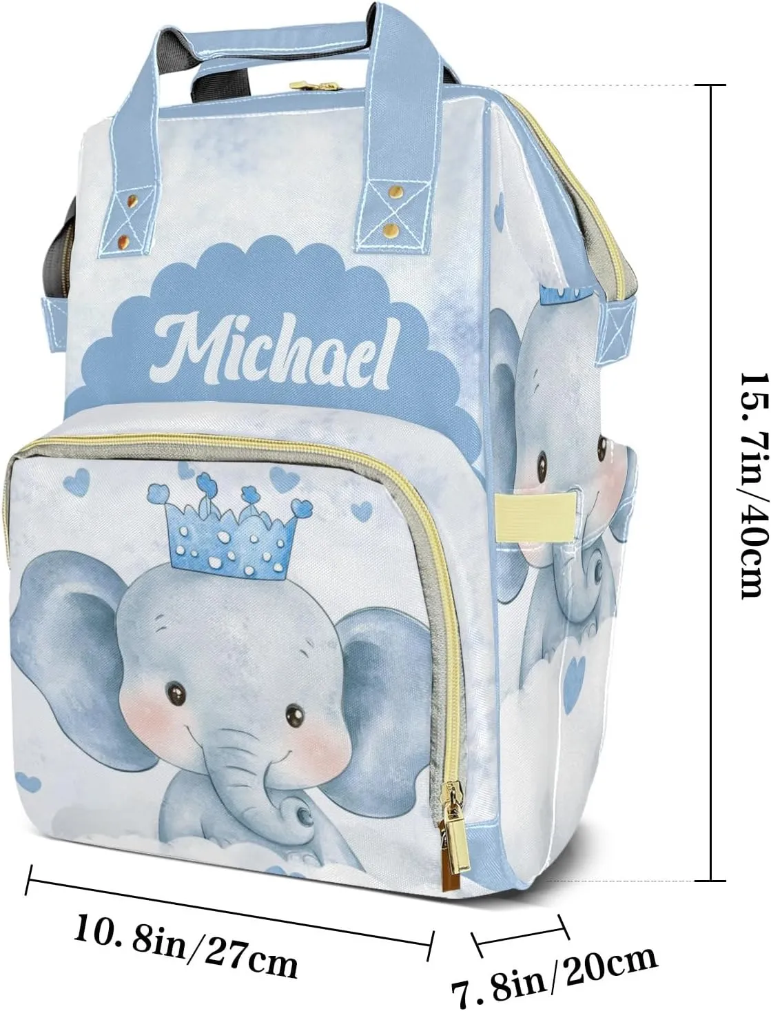 Little Prince Crown Elephant Personalized Large Capacity Diaper Bags,Custom Name Backpack Casual Daypack Bag Nappy Bag Gifts
