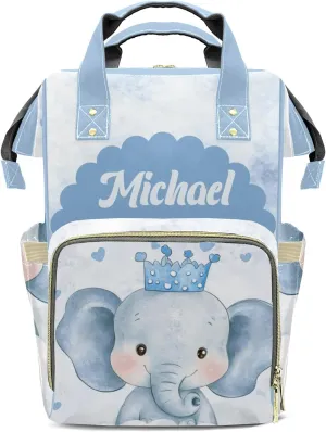 Little Prince Crown Elephant Personalized Large Capacity Diaper Bags,Custom Name Backpack Casual Daypack Bag Nappy Bag Gifts