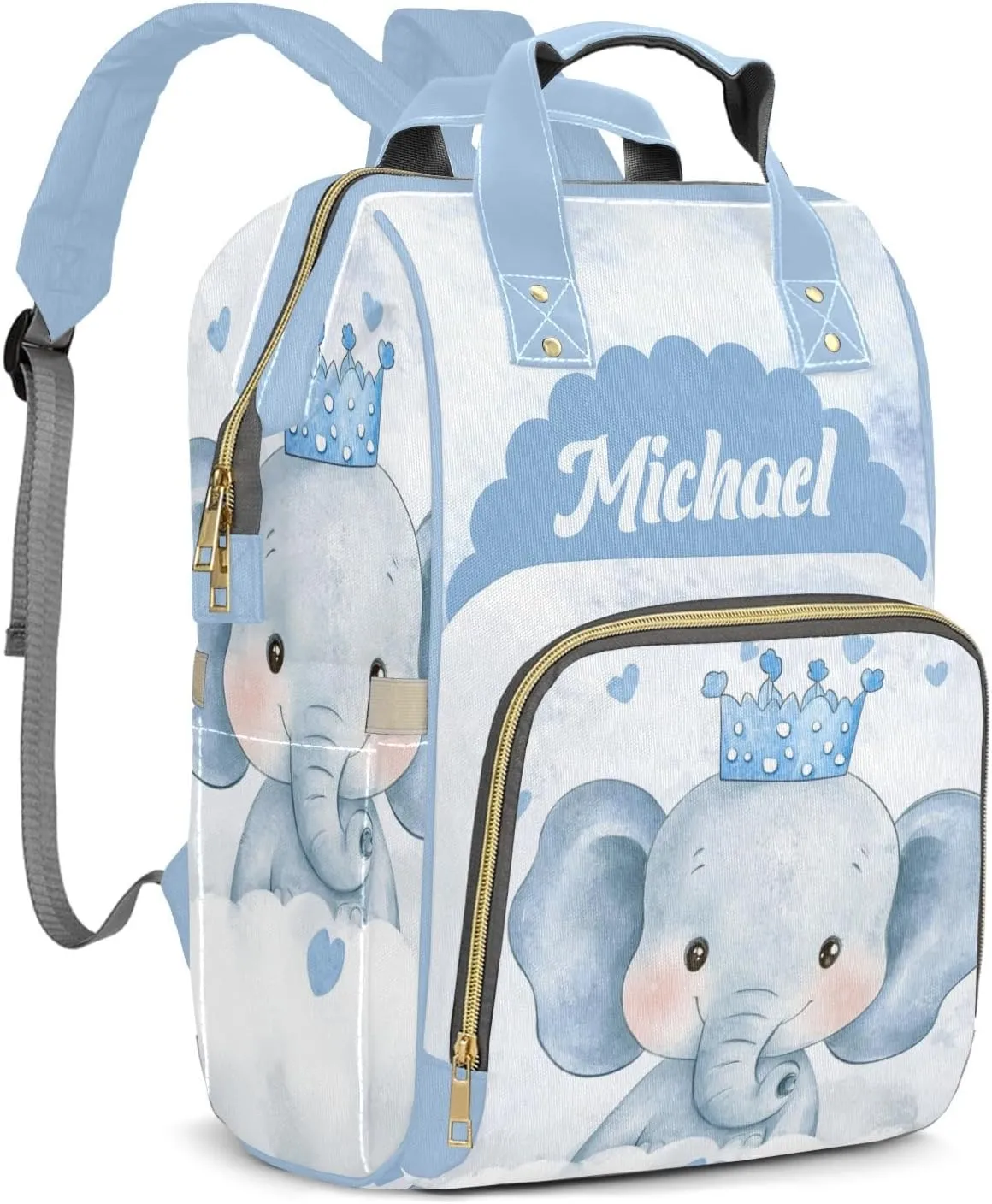 Little Prince Crown Elephant Personalized Large Capacity Diaper Bags,Custom Name Backpack Casual Daypack Bag Nappy Bag Gifts