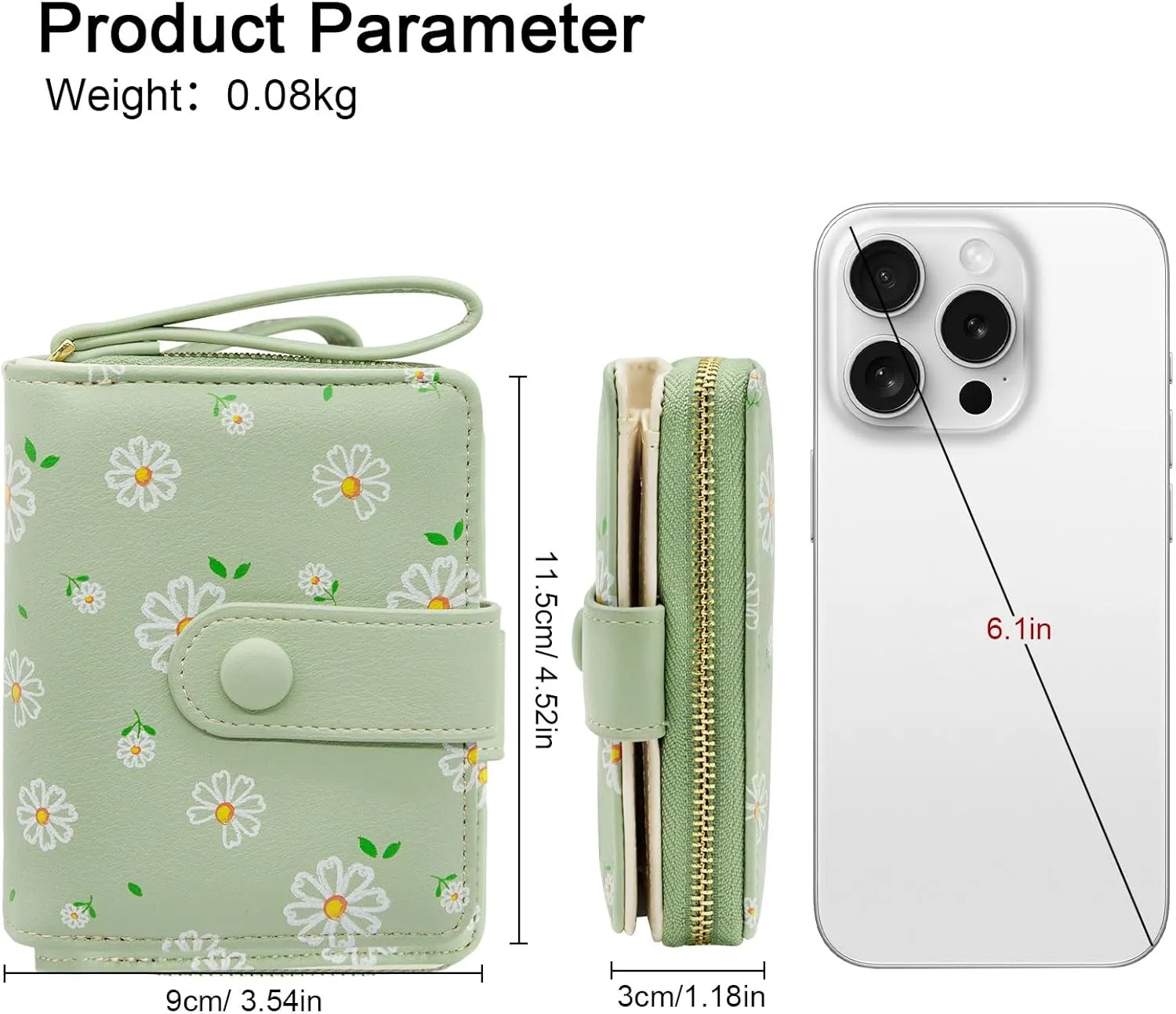LJCZKA Cute Wallet for Women Small Flower Wallet Card Holder Girls Zipper Leather Wallet Minimalist Kawaii Short Purse (Green)