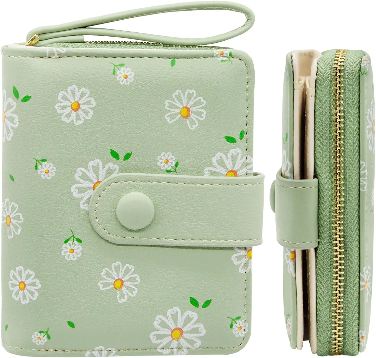 LJCZKA Cute Wallet for Women Small Flower Wallet Card Holder Girls Zipper Leather Wallet Minimalist Kawaii Short Purse (Green)