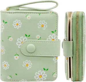 LJCZKA Cute Wallet for Women Small Flower Wallet Card Holder Girls Zipper Leather Wallet Minimalist Kawaii Short Purse (Green)