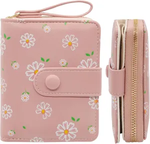 LJCZKA Cute Wallet for Women Small Flower Wallet Card Holder Girls Zipper Leather Wallet Minimalist Kawaii Short Purse (Pink)