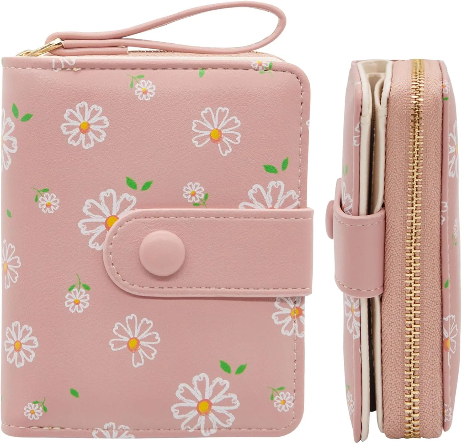 LJCZKA Cute Wallet for Women Small Flower Wallet Card Holder Girls Zipper Leather Wallet Minimalist Kawaii Short Purse (Pink)