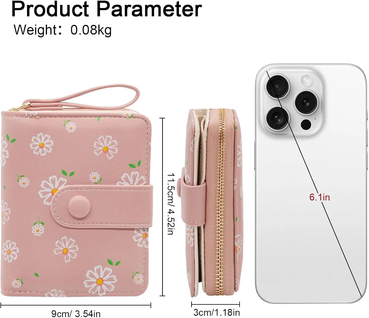 LJCZKA Cute Wallet for Women Small Flower Wallet Card Holder Girls Zipper Leather Wallet Minimalist Kawaii Short Purse (Pink)