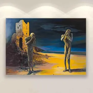 LJMRUICI A statue stood, lea against a dilapidated castle. An statue held its head as if in contemplation or having an idea. bedroom picture,12x16inch