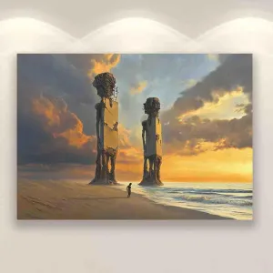 LJMRUICI A statue stood, lea against a dilapidated castle. An statue held its head as if in contemplation or having an idea. big pictures for living room wall,16x24inch
