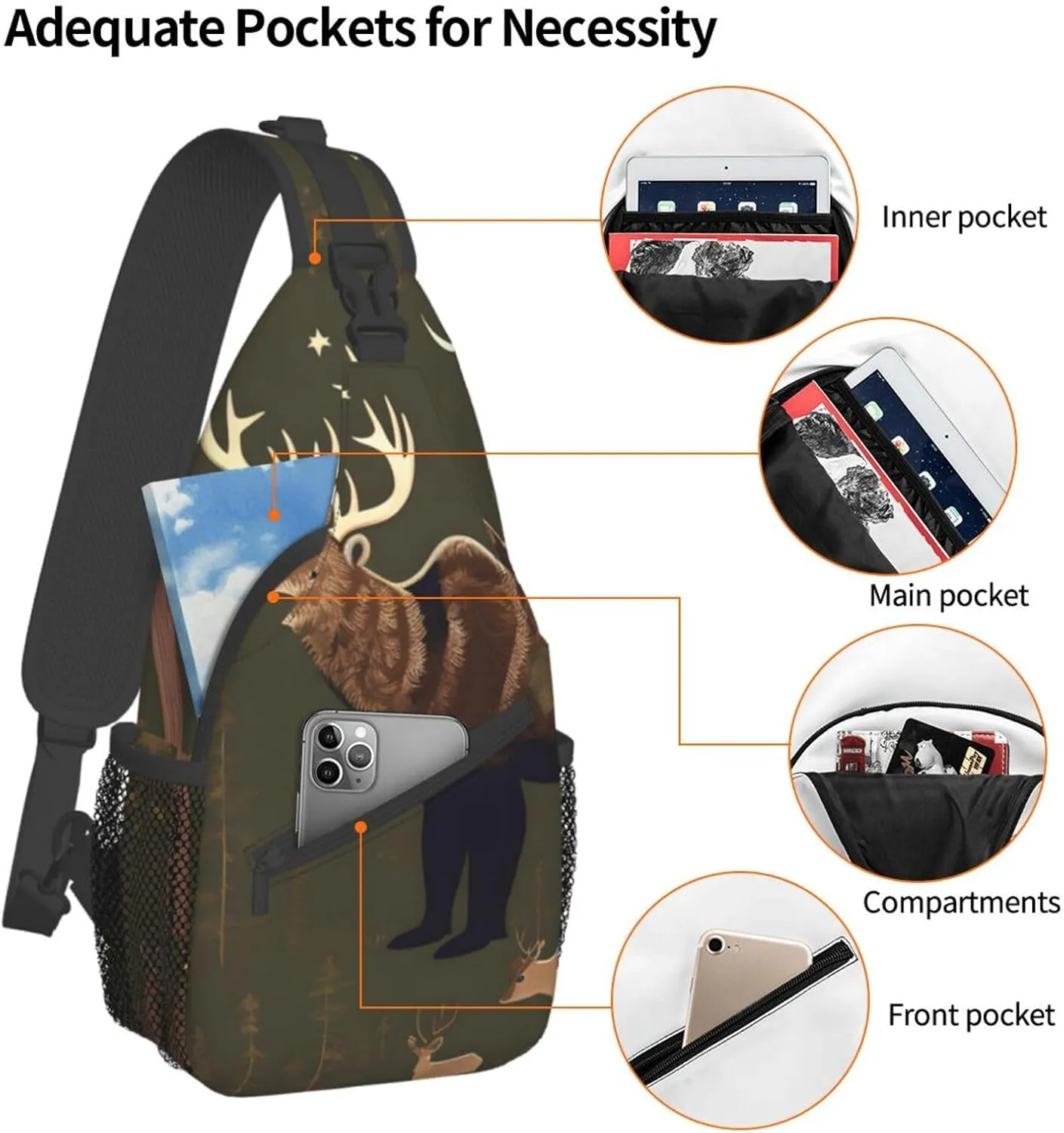 Lodge Bear Deer High Storage Capacity Chest Bag Diagonally Sling Backpack Crossbody Shoulder Bag For Men Women