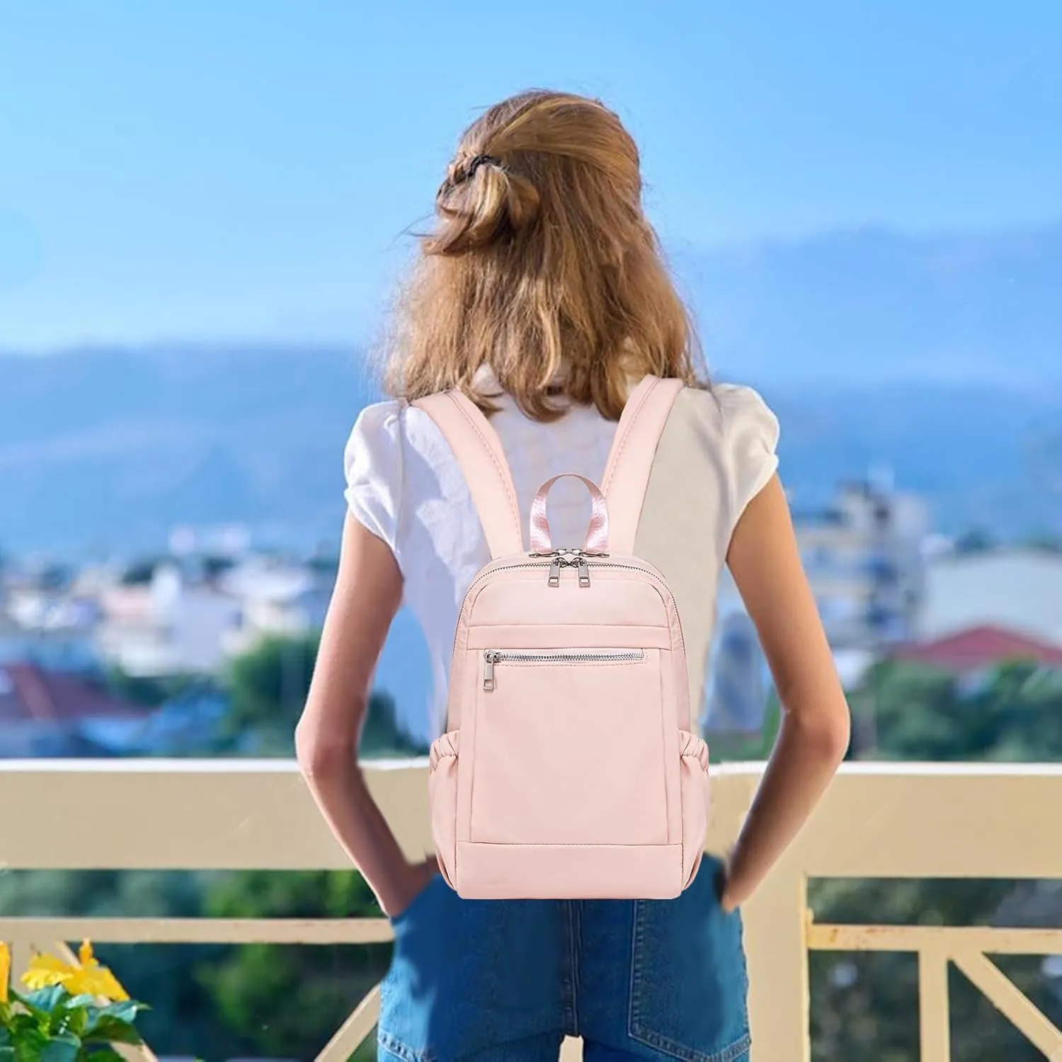LOIDOU Mini Backpack for Women Small Backpack Purse Lightweight Girls Casual Daypack Bookbag for College School Work Travel, Pink(13.7"x11"x4")