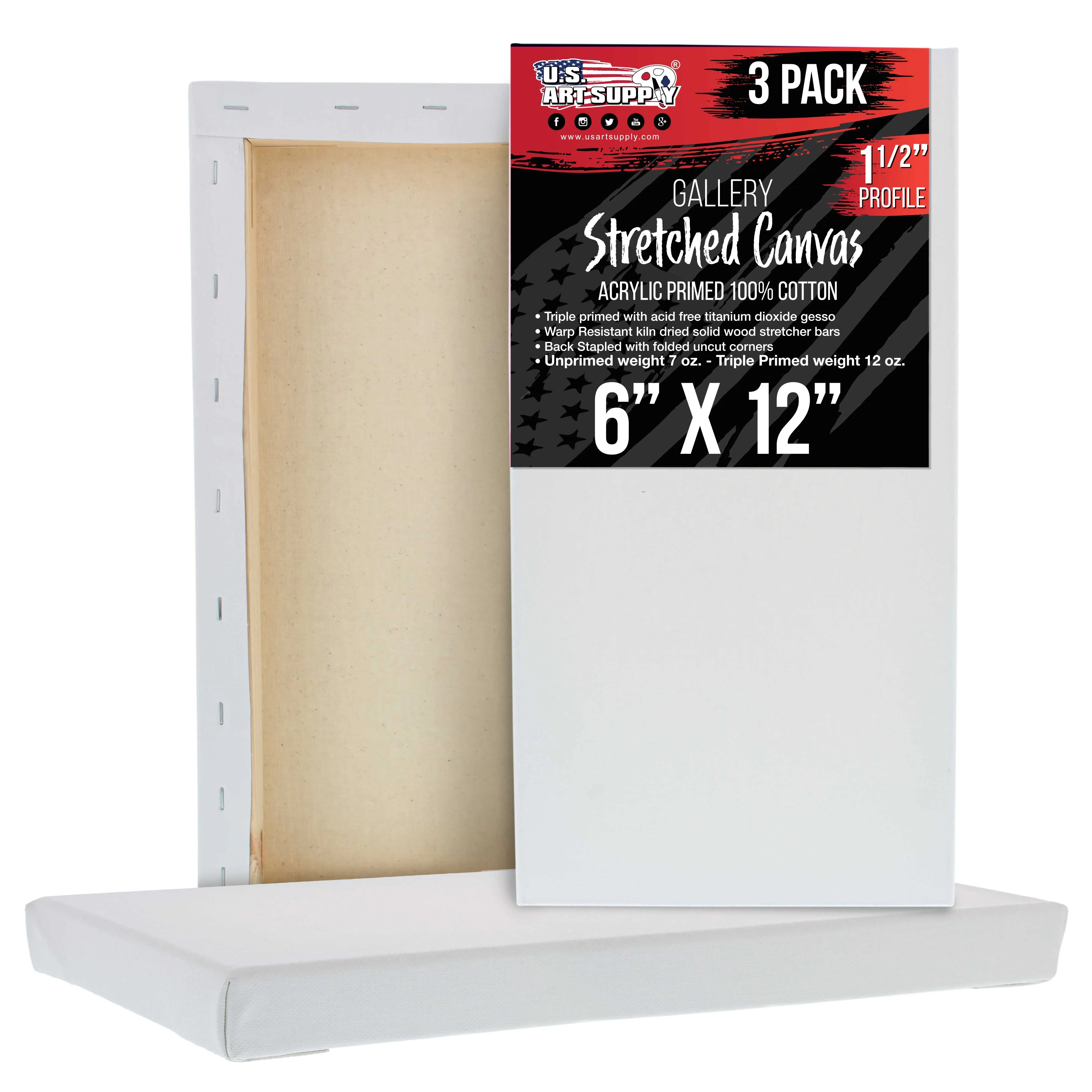 Long Stretched Canvas for Painting 6x12 inch Gallery Depth 1-1/2" Thick, 3-Pack - 12oz Acrylic Gesso Triple Primed, Professional Artist Quality, 100% Cotton - Pouring, Oil Paint