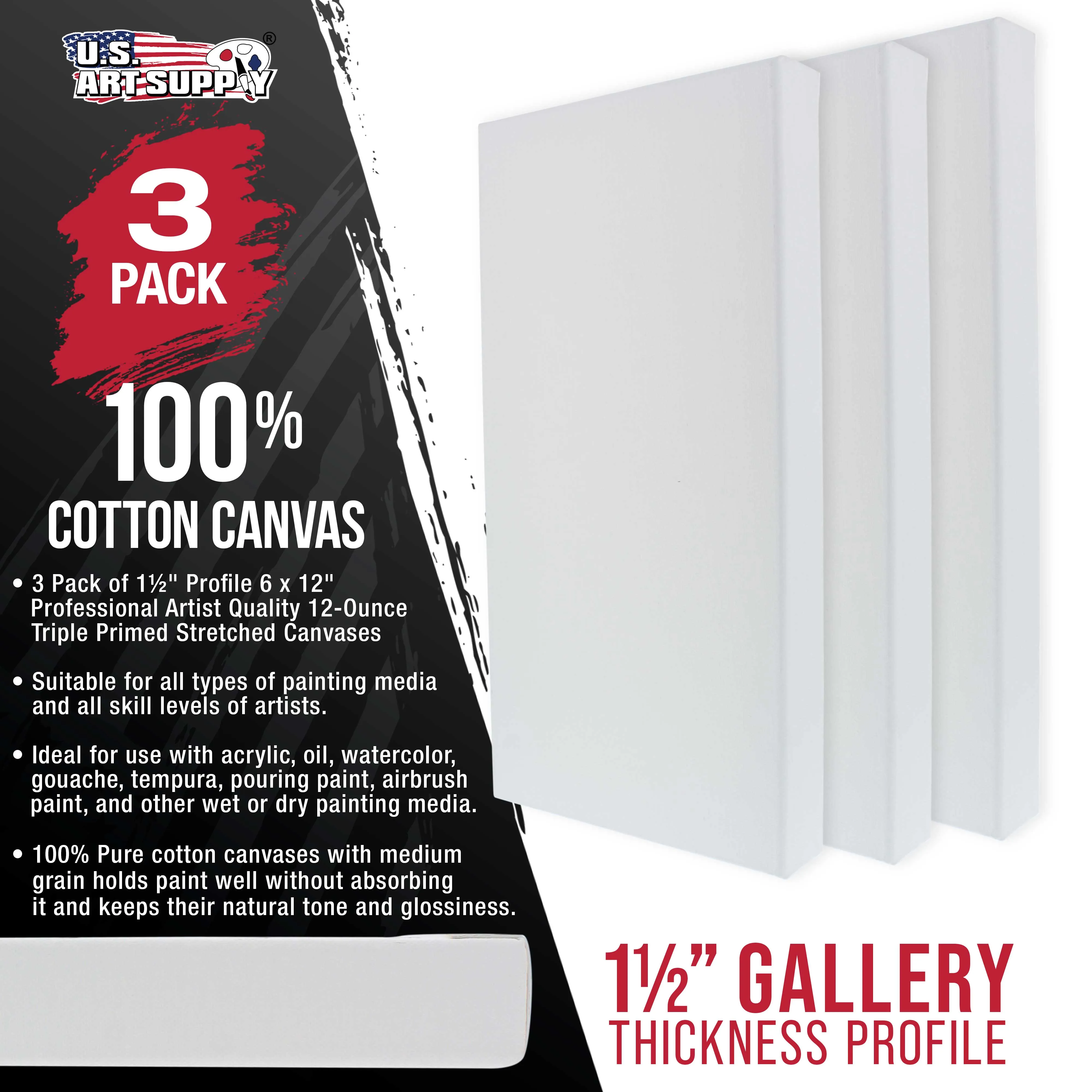 Long Stretched Canvas for Painting 6x12 inch Gallery Depth 1-1/2" Thick, 3-Pack - 12oz Acrylic Gesso Triple Primed, Professional Artist Quality, 100% Cotton - Pouring, Oil Paint