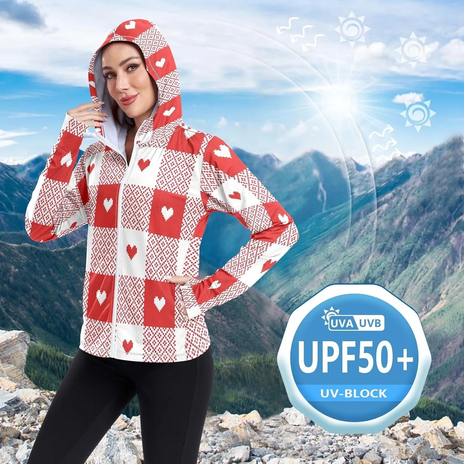 Love Heart Design Womens Spf Clothing, Upf 50  Long Sleeve Zip up Hoodie, Long Sleeve Hiking Shirt