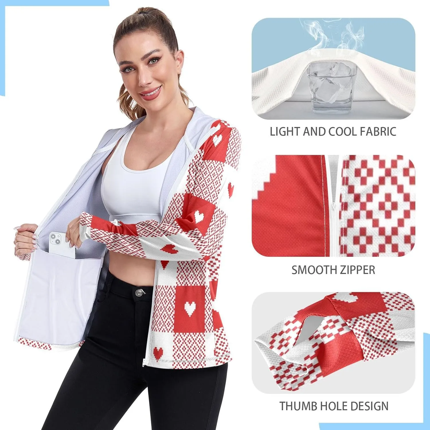 Love Heart Design Womens Spf Clothing, Upf 50  Long Sleeve Zip up Hoodie, Long Sleeve Hiking Shirt