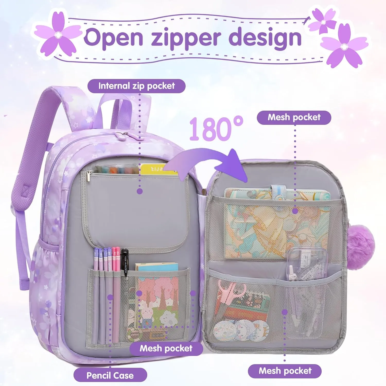 Lovely Girls Backpack School Bag for Students Kids Book Bag with Multiple Pockets Splash-proof Children's Backpack（17inch Purple）