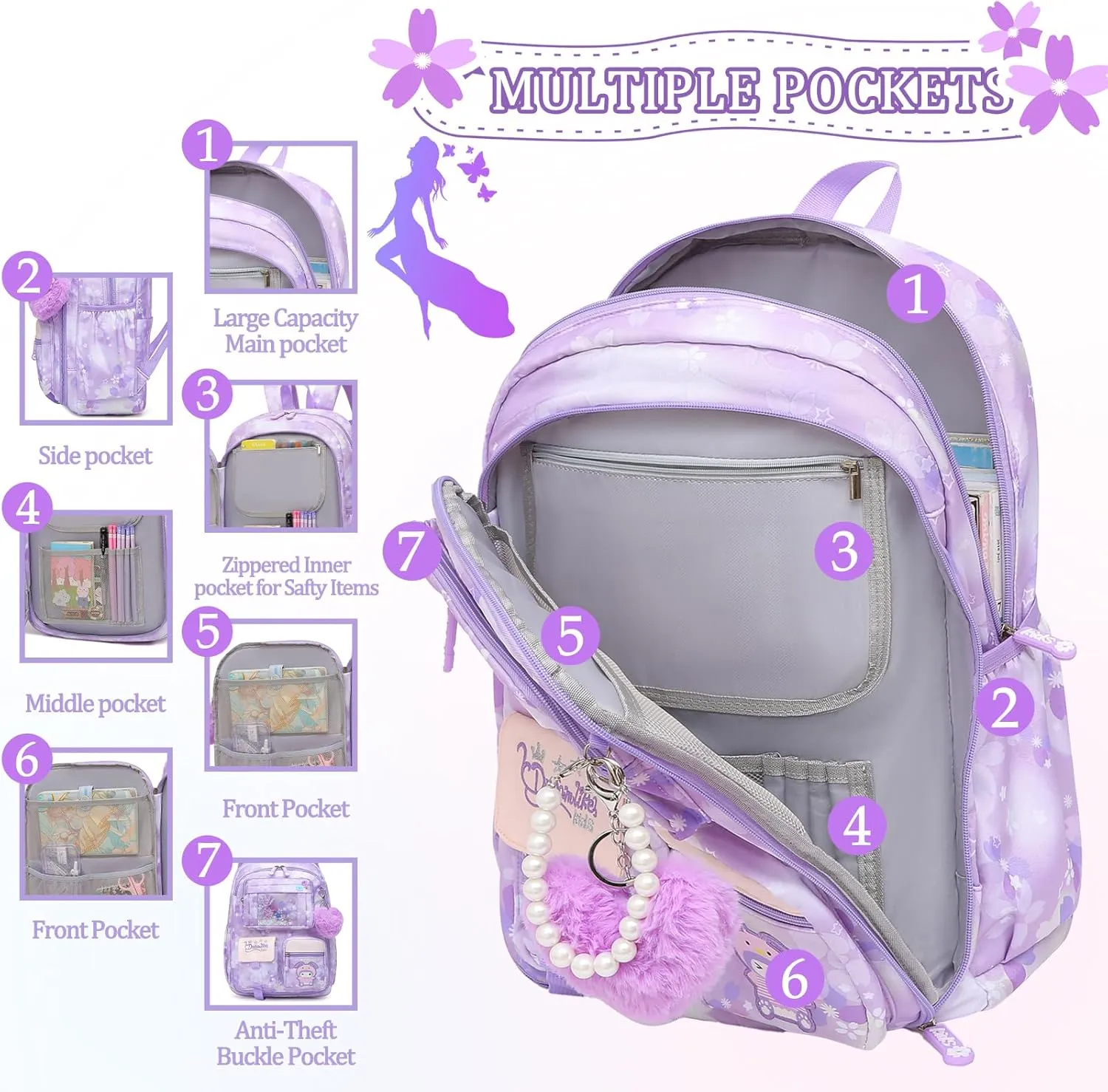 Lovely Girls Backpack School Bag for Students Kids Book Bag with Multiple Pockets Splash-proof Children's Backpack（17inch Purple）