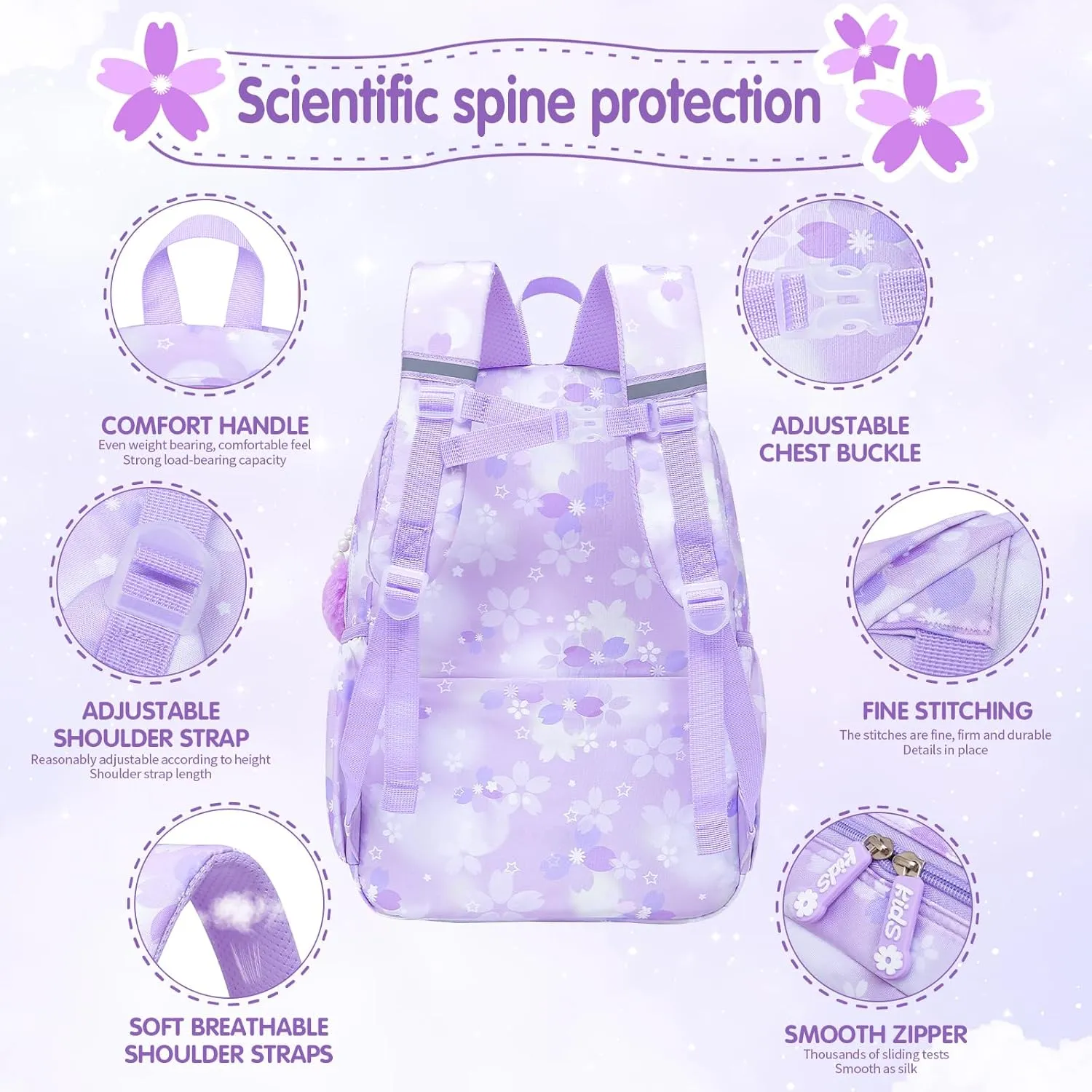 Lovely Girls Backpack School Bag for Students Kids Book Bag with Multiple Pockets Splash-proof Children's Backpack（17inch Purple）