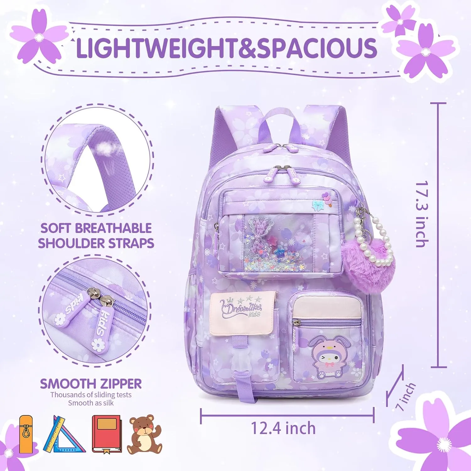 Lovely Girls Backpack School Bag for Students Kids Book Bag with Multiple Pockets Splash-proof Children's Backpack（17inch Purple）