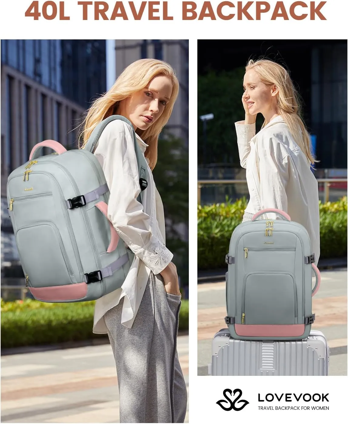 LOVEVOOK 40L Travel Backpack for Women Flight Approved, Carry on Backpack for Airplanes, TSA Personal Item Travel Bag, Waterproof 17 Inch Laptop Backpack, Business Weekender Overnight Daypack, 3Pcs
