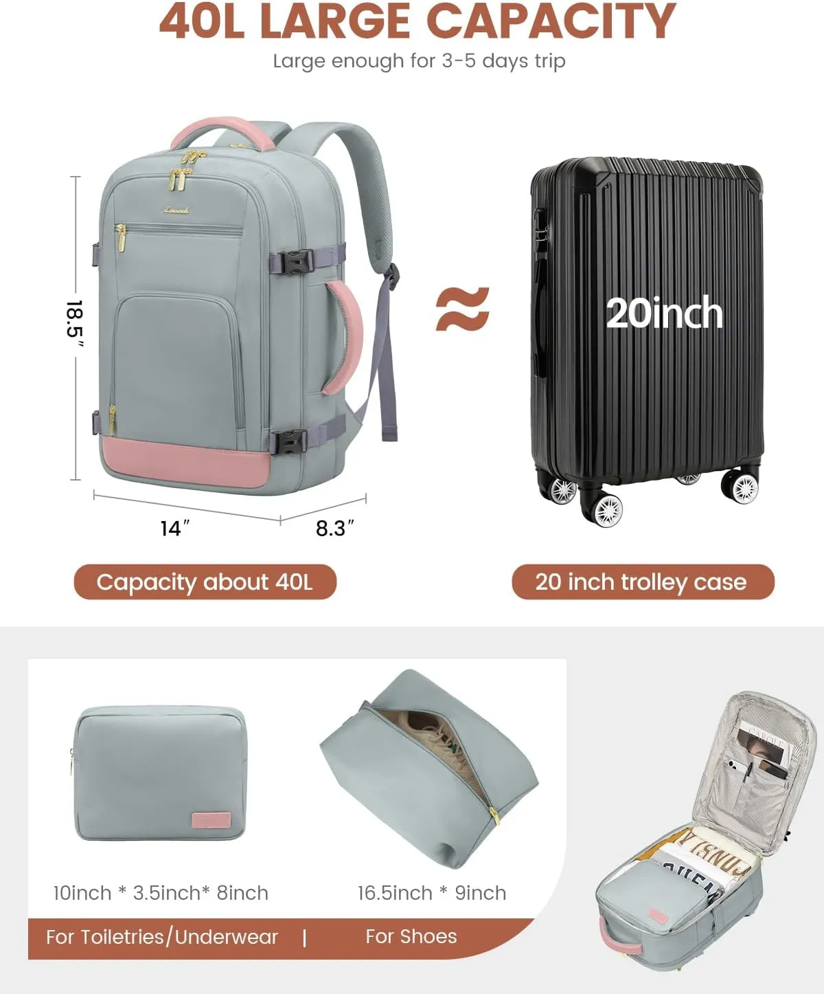 LOVEVOOK 40L Travel Backpack for Women Flight Approved, Carry on Backpack for Airplanes, TSA Personal Item Travel Bag, Waterproof 17 Inch Laptop Backpack, Business Weekender Overnight Daypack, 3Pcs