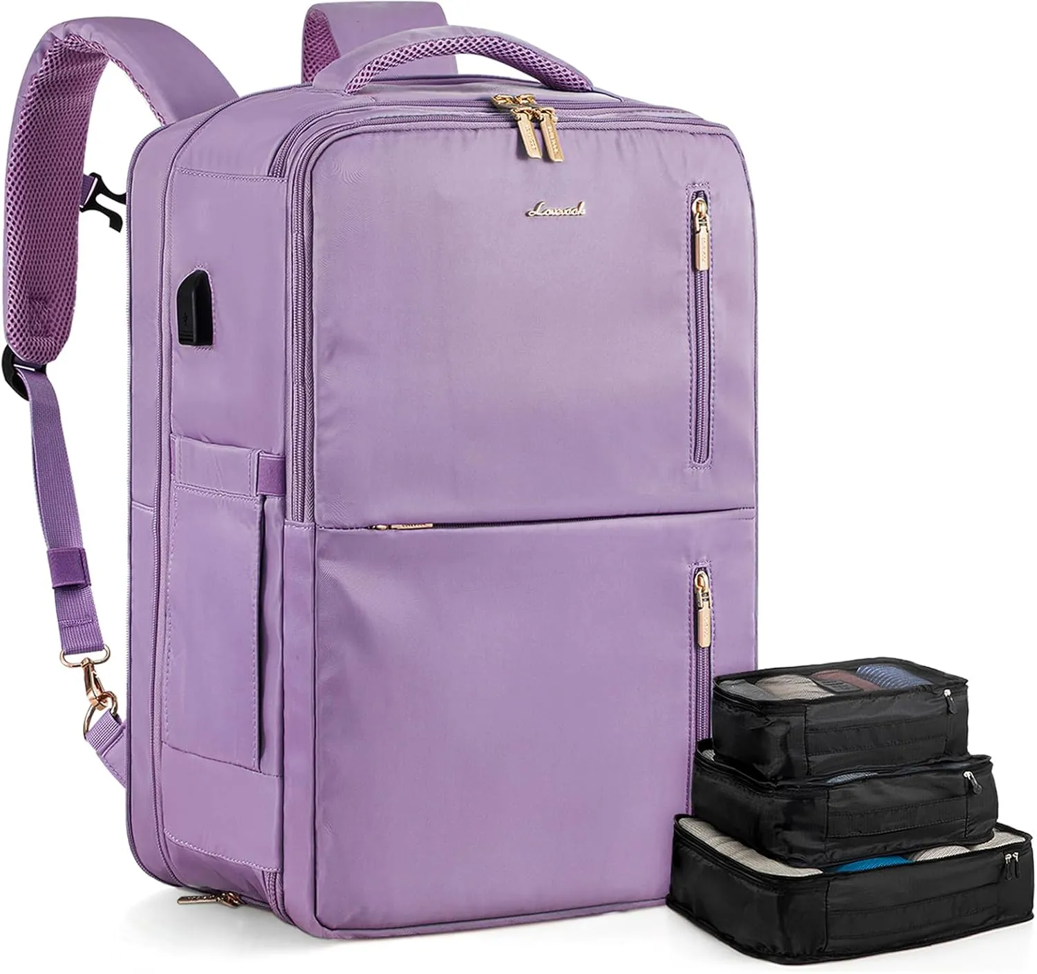 LOVEVOOK 40L Travel Backpack With 3 Packing Cubes Expandable Large Laptop Backpack Women Waterproof Backpack Waterproof Daypack Travel Bag TSA Fit 17inch Laptop Luggage With USB Charging Port