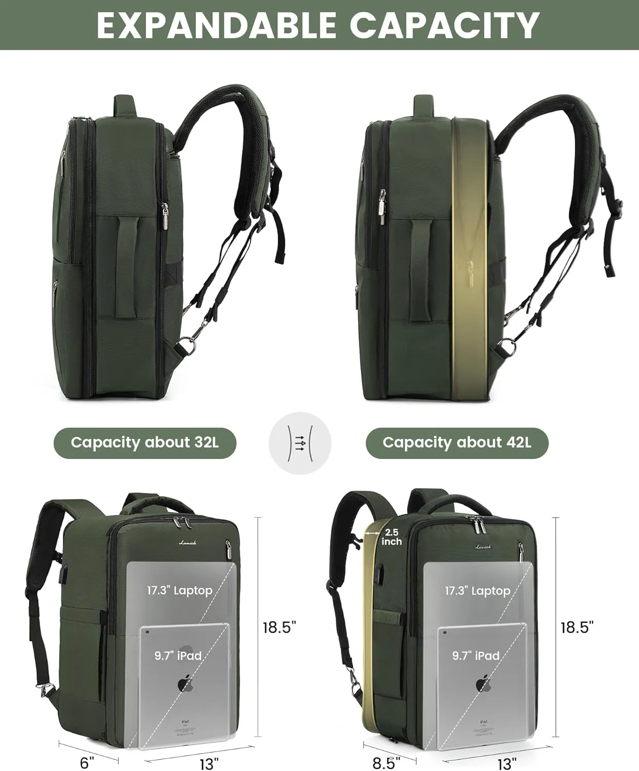 LOVEVOOK 40L Travel Backpack With 3 Packing Cubes Expandable Large Laptop Backpack Women Waterproof Backpack Waterproof Daypack Travel Bag TSA Fit 17inch Laptop Luggage With USB Charging Port