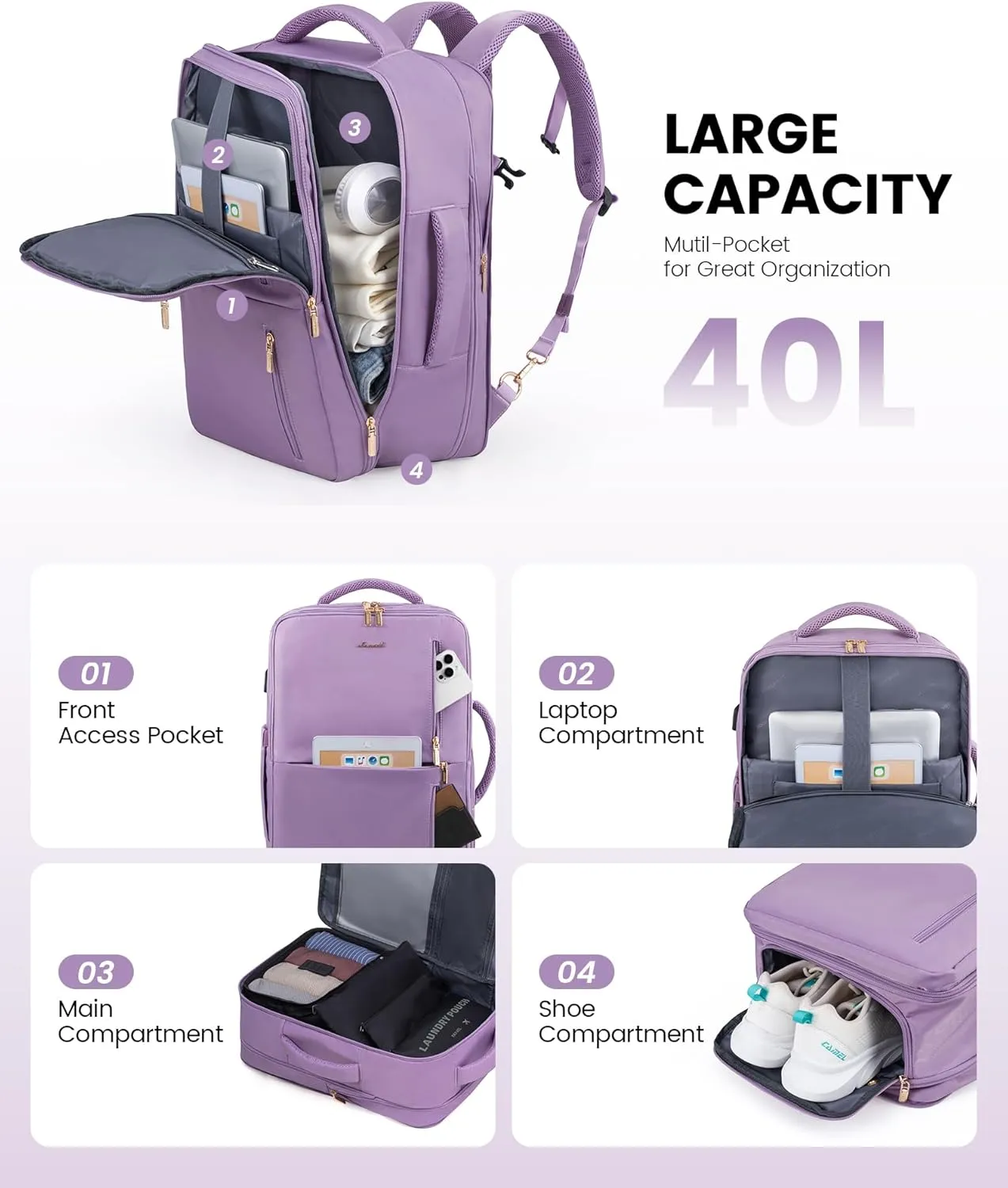LOVEVOOK 40L Travel Backpack With 3 Packing Cubes Expandable Large Laptop Backpack Women Waterproof Backpack Waterproof Daypack Travel Bag TSA Fit 17inch Laptop Luggage With USB Charging Port