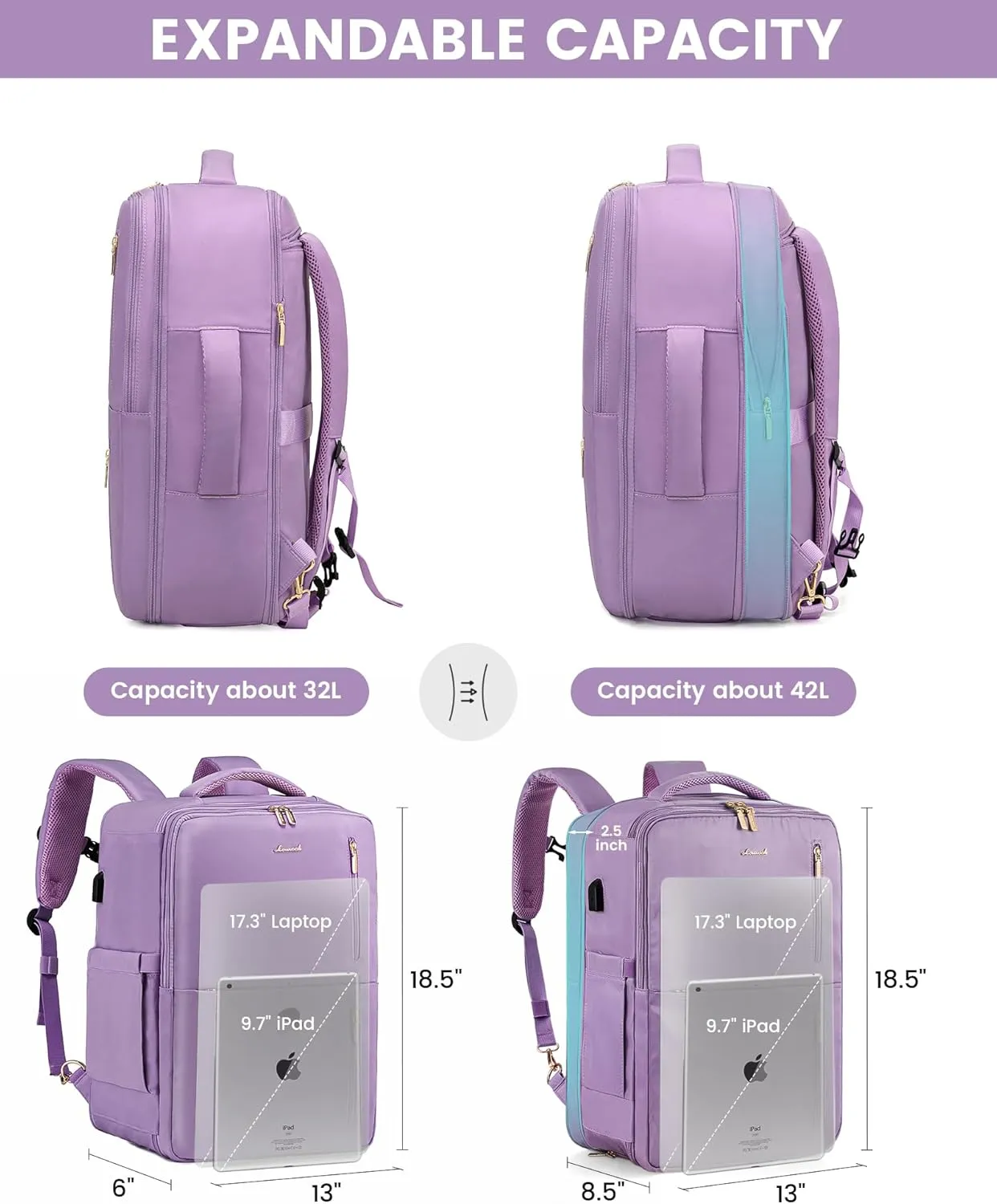 LOVEVOOK 40L Travel Backpack With 3 Packing Cubes Expandable Large Laptop Backpack Women Waterproof Backpack Waterproof Daypack Travel Bag TSA Fit 17inch Laptop Luggage With USB Charging Port