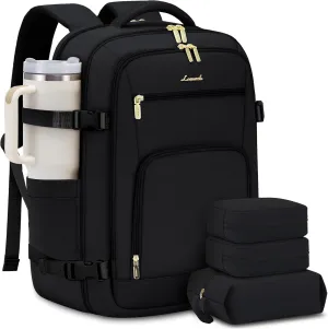 LOVEVOOK Carry on Backpack, 50L Large Travel Backpack For Airplanes, TSA Personal Item Travel Bag, Waterproof Daypack Fits 18 Inch Laptop, Business Weekender Overnight With 3 Packing Cubes, Black