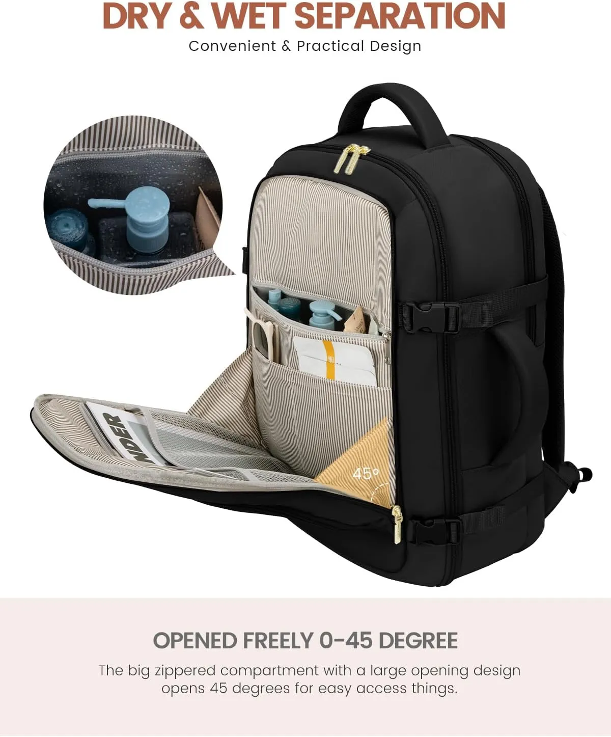 LOVEVOOK Carry on Backpack, 50L Large Travel Backpack For Airplanes, TSA Personal Item Travel Bag, Waterproof Daypack Fits 18 Inch Laptop, Business Weekender Overnight With 3 Packing Cubes, Black