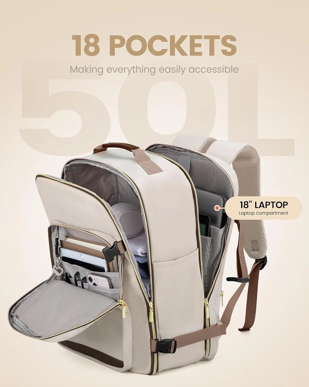 LOVEVOOK Carry on Backpack, 50L Travel Backpack Women for Airplanes, 18 inch Laptop Backpack with Toiletry Bag Carry on Bags for Airplanes Casual Daypack for Weekender Overnight Hiking, Primary-Coffee