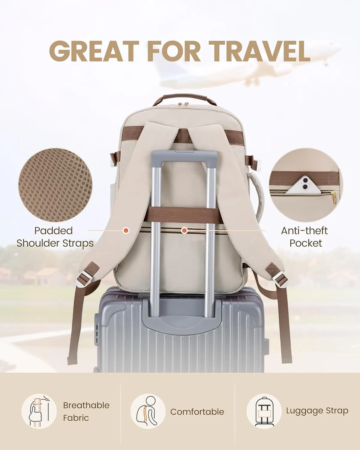 LOVEVOOK Carry on Backpack, 50L Travel Backpack Women for Airplanes, 18 inch Laptop Backpack with Toiletry Bag Carry on Bags for Airplanes Casual Daypack for Weekender Overnight Hiking, Primary-Coffee