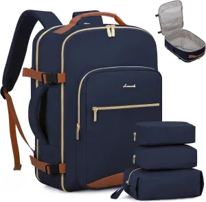 LOVEVOOK Carry on Backpck for Men, 40L Travel Backpack Flight Approved with 3 Packing Cubes, Personal Item Backpack with 17 Inch Laptop Compartment for Hiking Sport Daypack, Dark blue-Brown