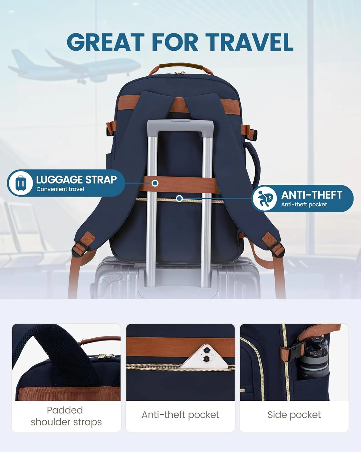 LOVEVOOK Carry on Backpck for Men, 40L Travel Backpack Flight Approved with 3 Packing Cubes, Personal Item Backpack with 17 Inch Laptop Compartment for Hiking Sport Daypack, Dark blue-Brown