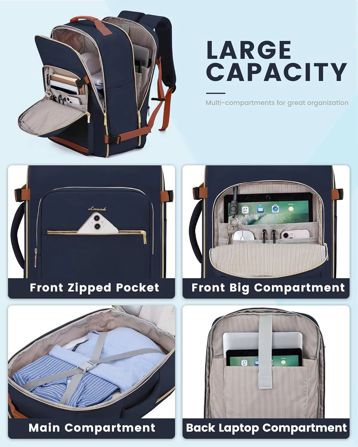 LOVEVOOK Carry on Backpck for Men, 40L Travel Backpack Flight Approved with 3 Packing Cubes, Personal Item Backpack with 17 Inch Laptop Compartment for Hiking Sport Daypack, Dark blue-Brown