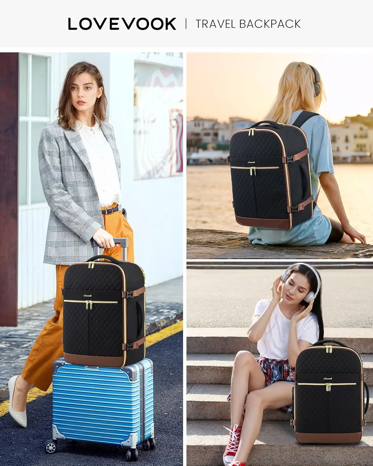 LOVEVOOK Carry On Travel Backpack for Women, 40L Personal Item Travel Bag Flight Approved, TSA Large Backpack for 17'' Laptop, Waterproof Weekender Business Hiking Bag with 3 Packing Cubes