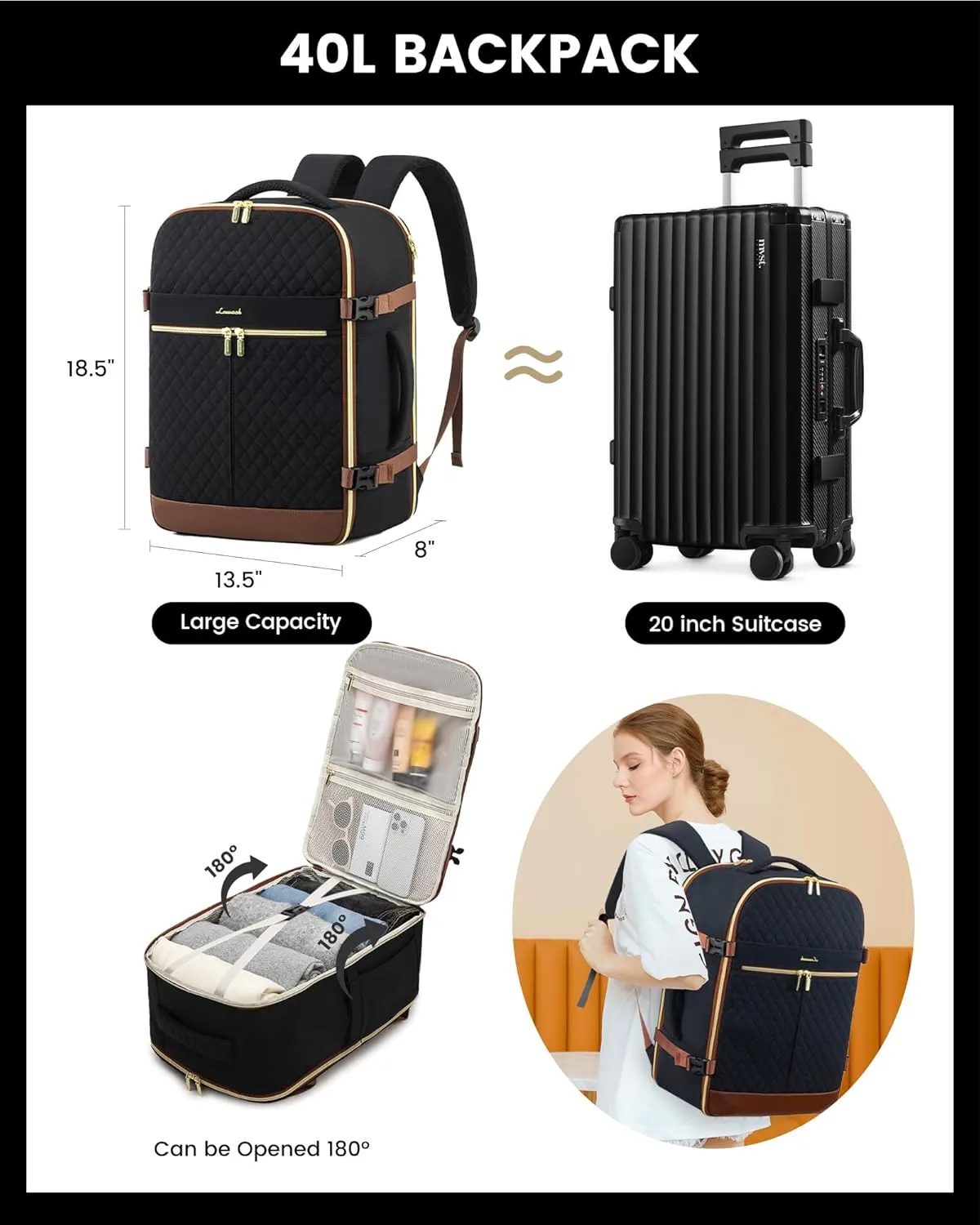 LOVEVOOK Carry On Travel Backpack for Women, 40L Personal Item Travel Bag Flight Approved, TSA Large Backpack for 17'' Laptop, Waterproof Weekender Business Hiking Bag with 3 Packing Cubes