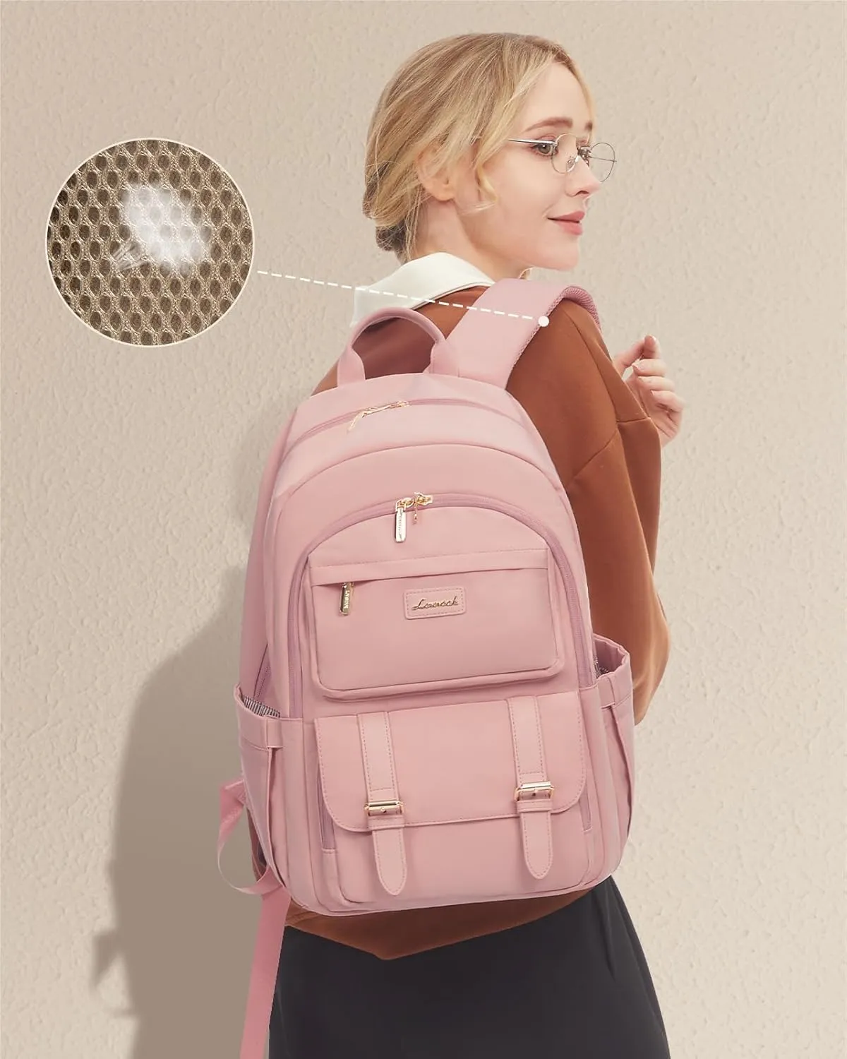 LOVEVOOK College Backpack for Women Fit 15.6 Inch Laptop, Cute Aesthetic Backpack for 14-16 Year Olds, Large Capacity Travel Work Backpack Purse for Nurse Teacher, Pink