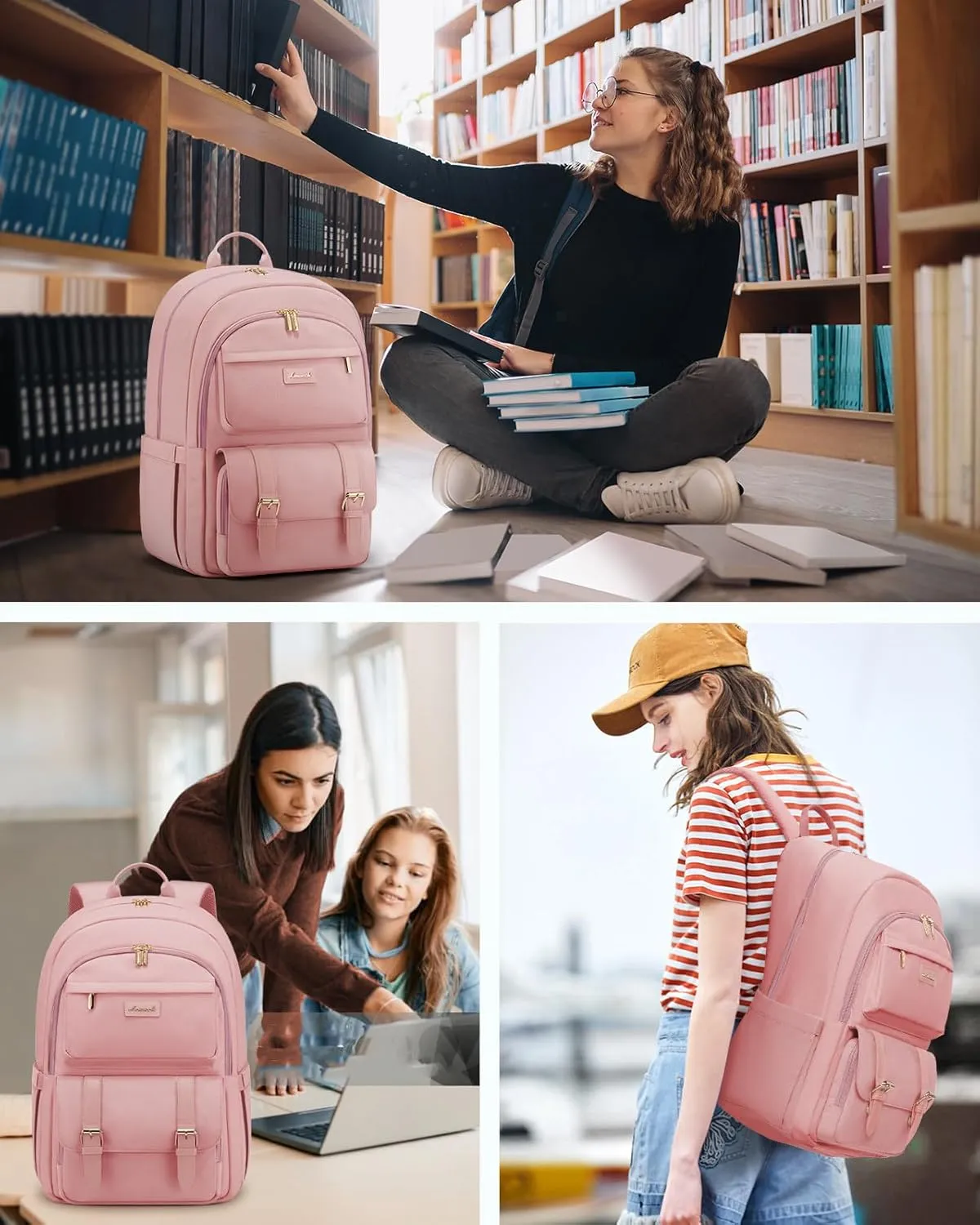 LOVEVOOK College Backpack for Women Fit 15.6 Inch Laptop, Cute Aesthetic Backpack for 14-16 Year Olds, Large Capacity Travel Work Backpack Purse for Nurse Teacher, Pink