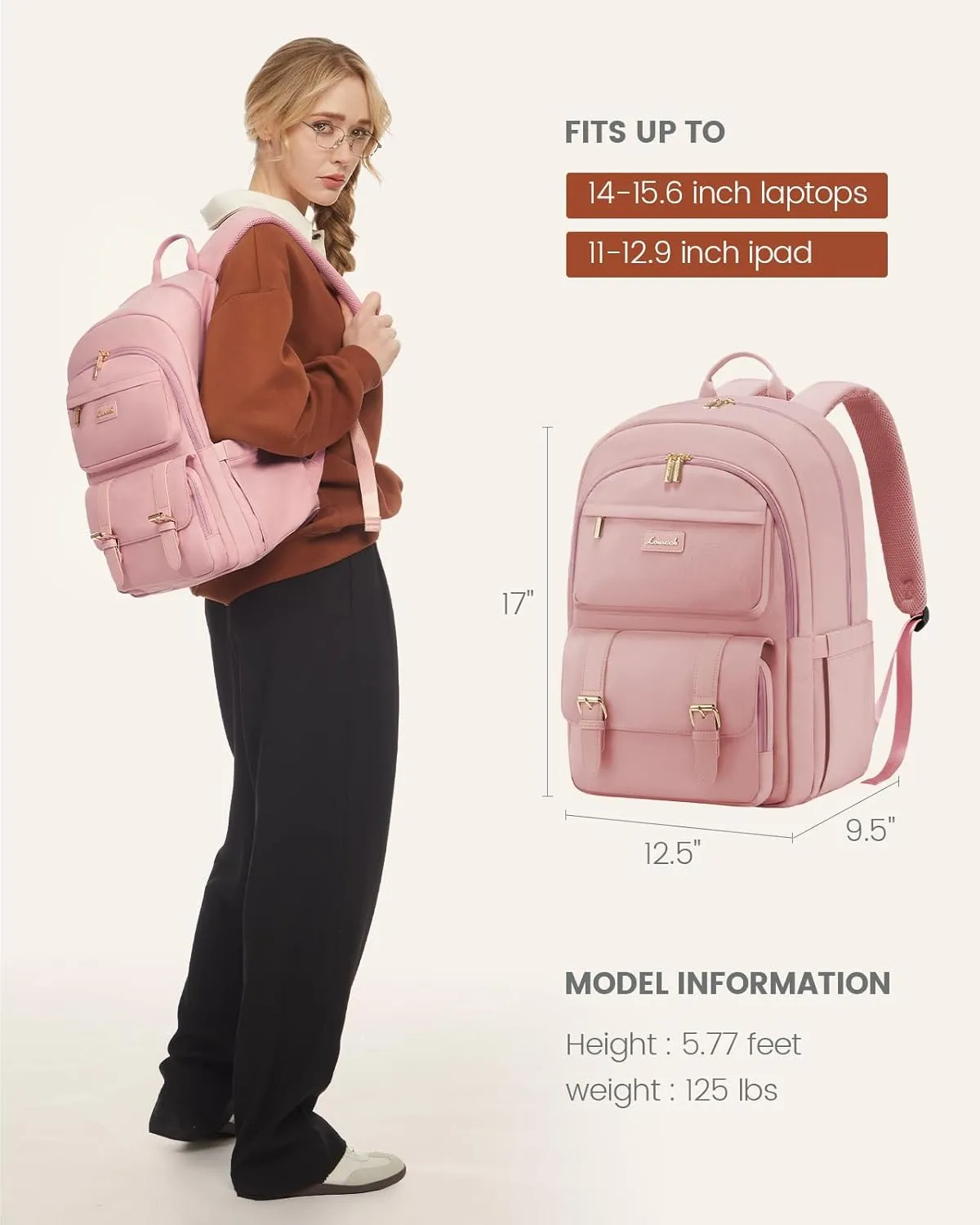 LOVEVOOK College Backpack for Women Fit 15.6 Inch Laptop, Cute Aesthetic Backpack for 14-16 Year Olds, Large Capacity Travel Work Backpack Purse for Nurse Teacher, Pink