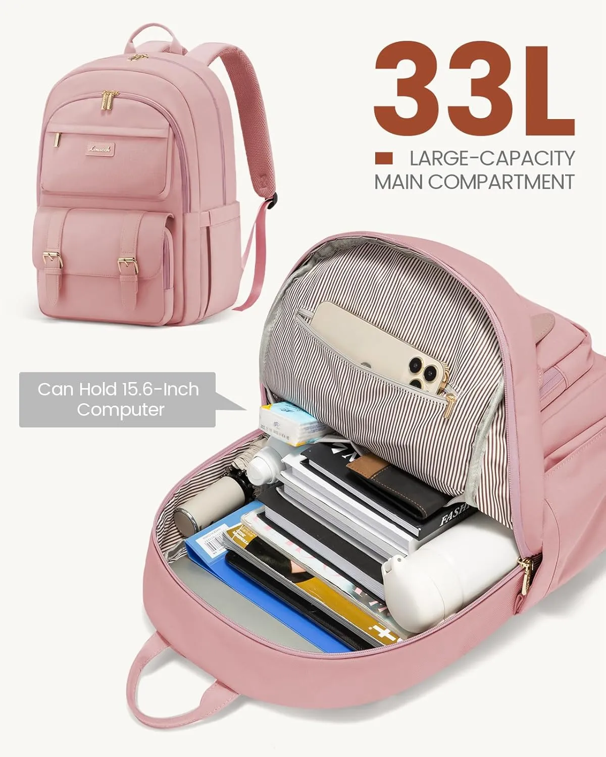 LOVEVOOK College Backpack for Women Fit 15.6 Inch Laptop, Cute Aesthetic Backpack for 14-16 Year Olds, Large Capacity Travel Work Backpack Purse for Nurse Teacher, Pink
