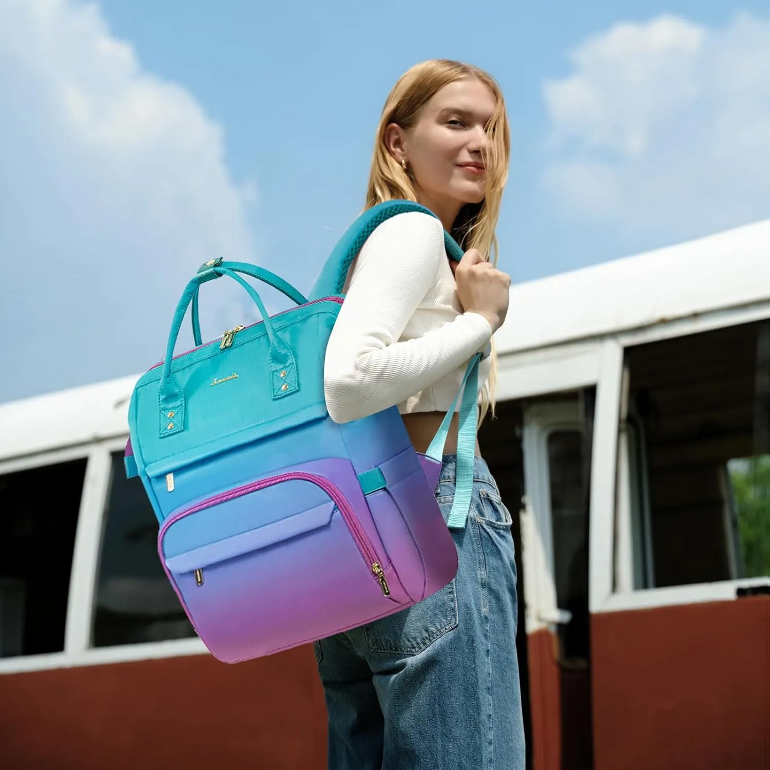 LOVEVOOK Gradient Laptop Backpack for Women,17.3 Inch Work Computer Bakcpack Purse Laptop Bag With Anti-Theft Pocket,Waterproof Carry on Teacher College Backpack for Travel,Green-Red