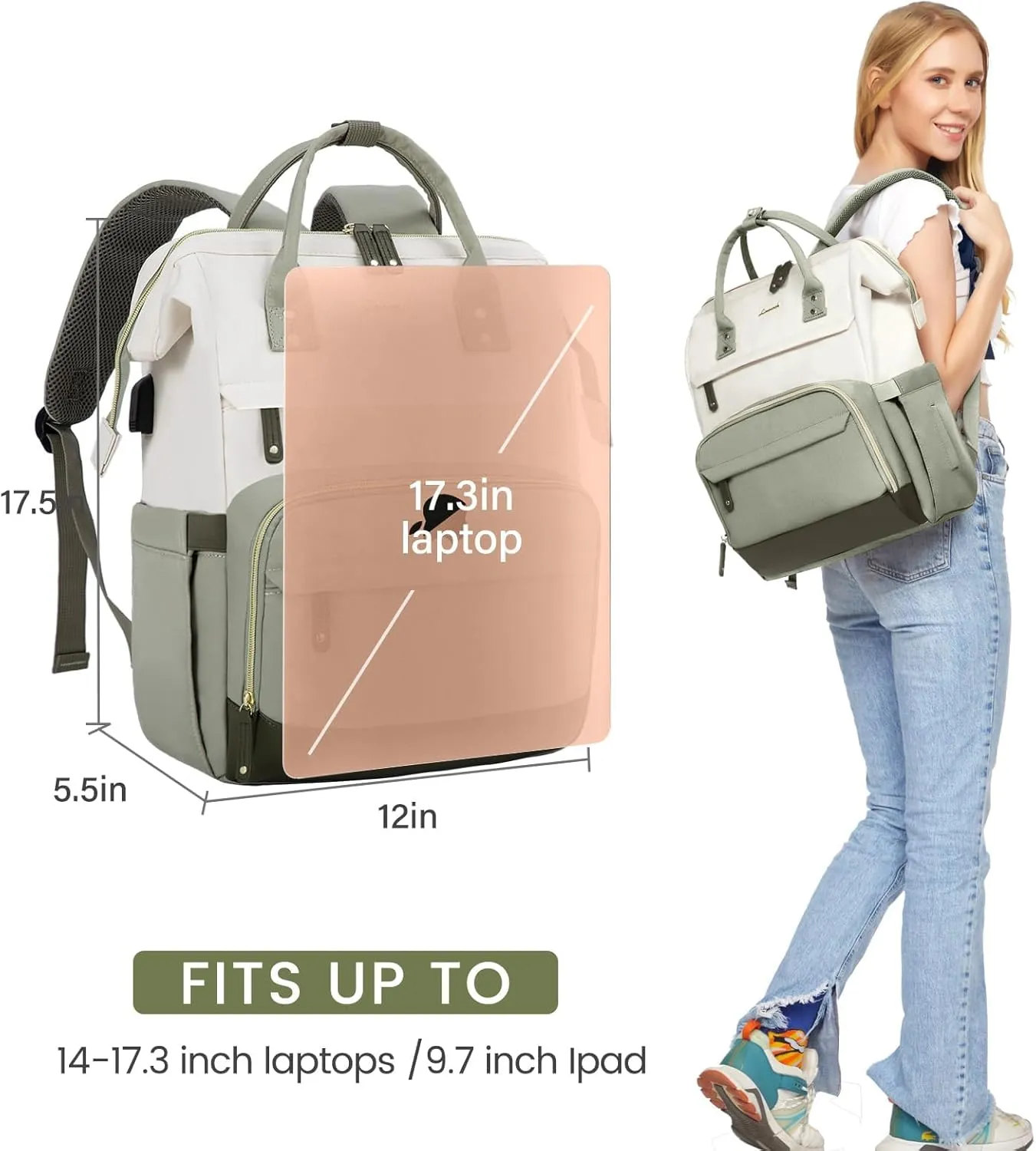 LOVEVOOK Laptop Backpack for Women, 17 Inch Work Business Backpacks Purse with USB Port, Large Capacity Nurse Bag College Bookbag for School, Waterproof Casual Daypack for Travel