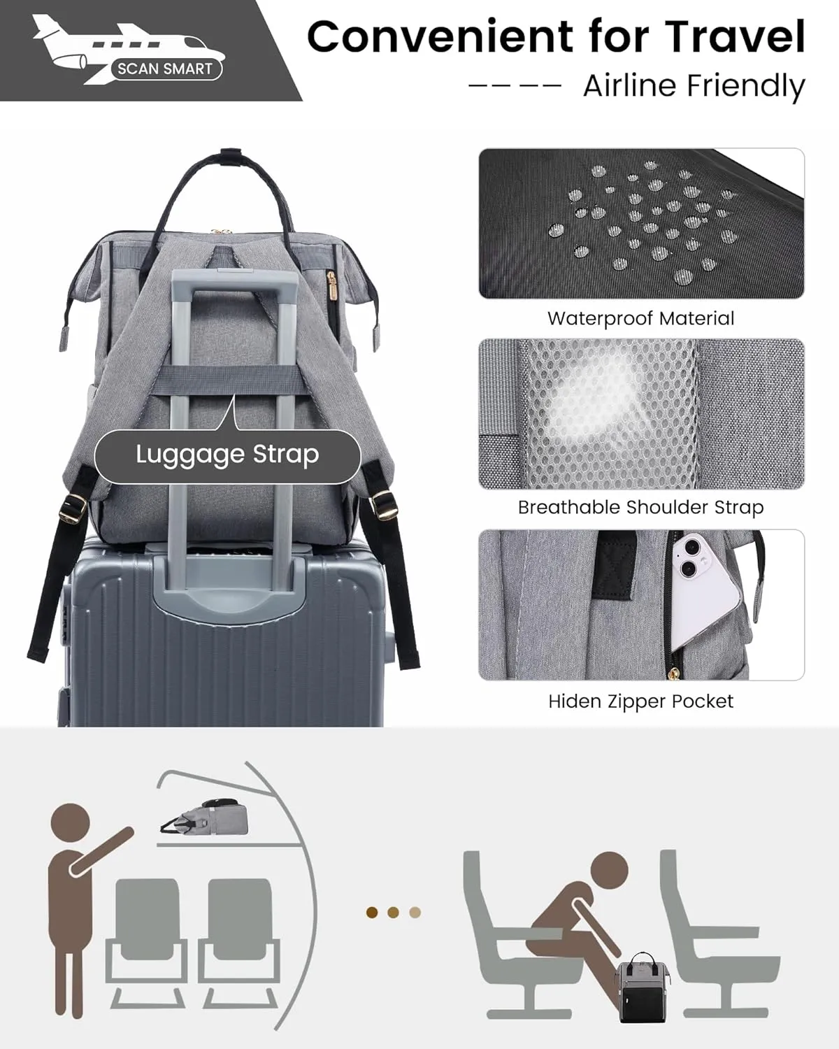 LOVEVOOK Laptop Backpack for Women, 17 Inch Work Teacher Nurse Bag, Large Capacity Business Computer Backpack Purse with USB Port, Stylish Casual Daypack for Travel,Grey&Black
