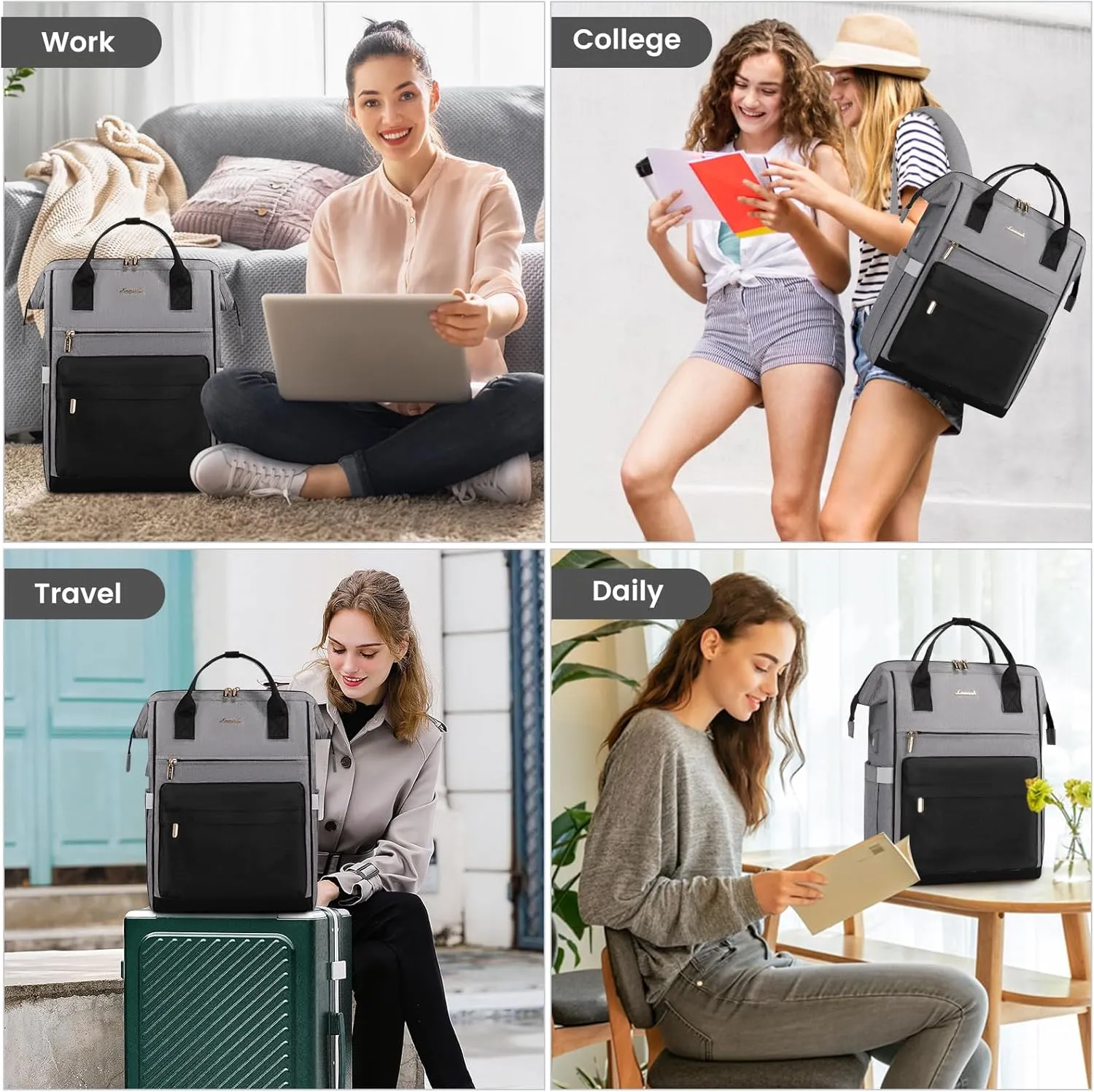 LOVEVOOK Laptop Backpack for Women, 17 Inch Work Teacher Nurse Bag, Large Capacity Business Computer Backpack Purse with USB Port, Stylish Casual Daypack for Travel,Grey&Black