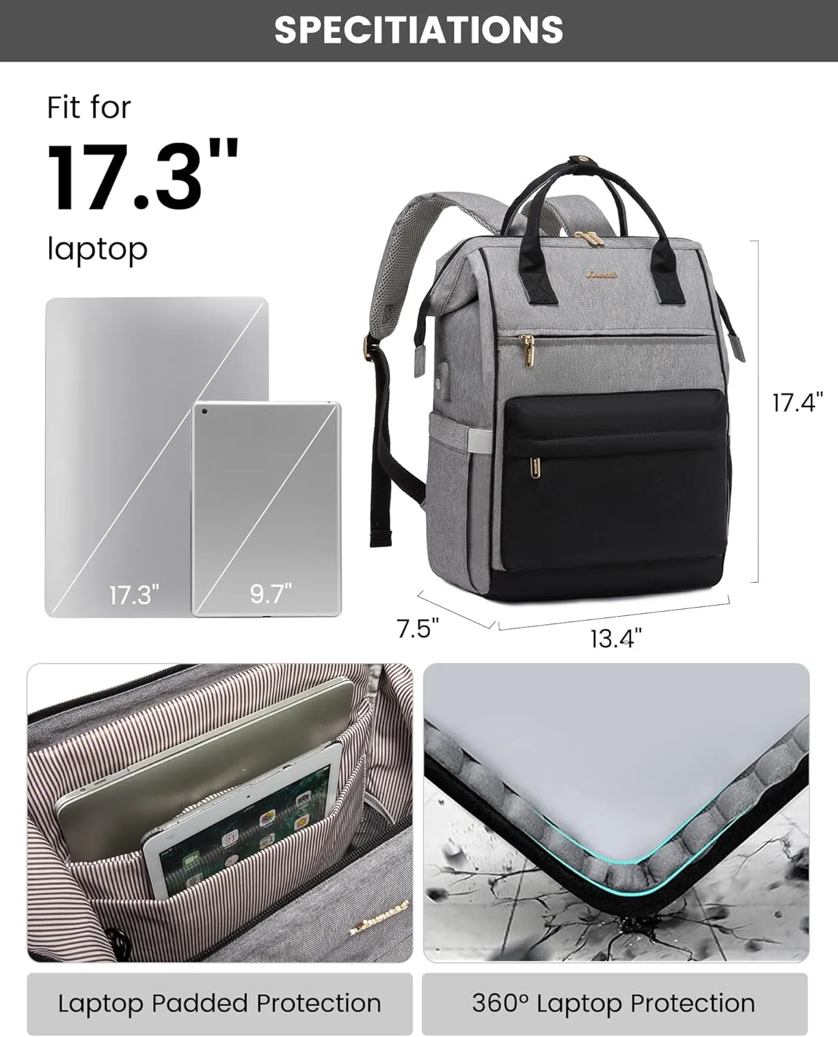 LOVEVOOK Laptop Backpack for Women, 17 Inch Work Teacher Nurse Bag, Large Capacity Business Computer Backpack Purse with USB Port, Stylish Casual Daypack for Travel,Grey&Black