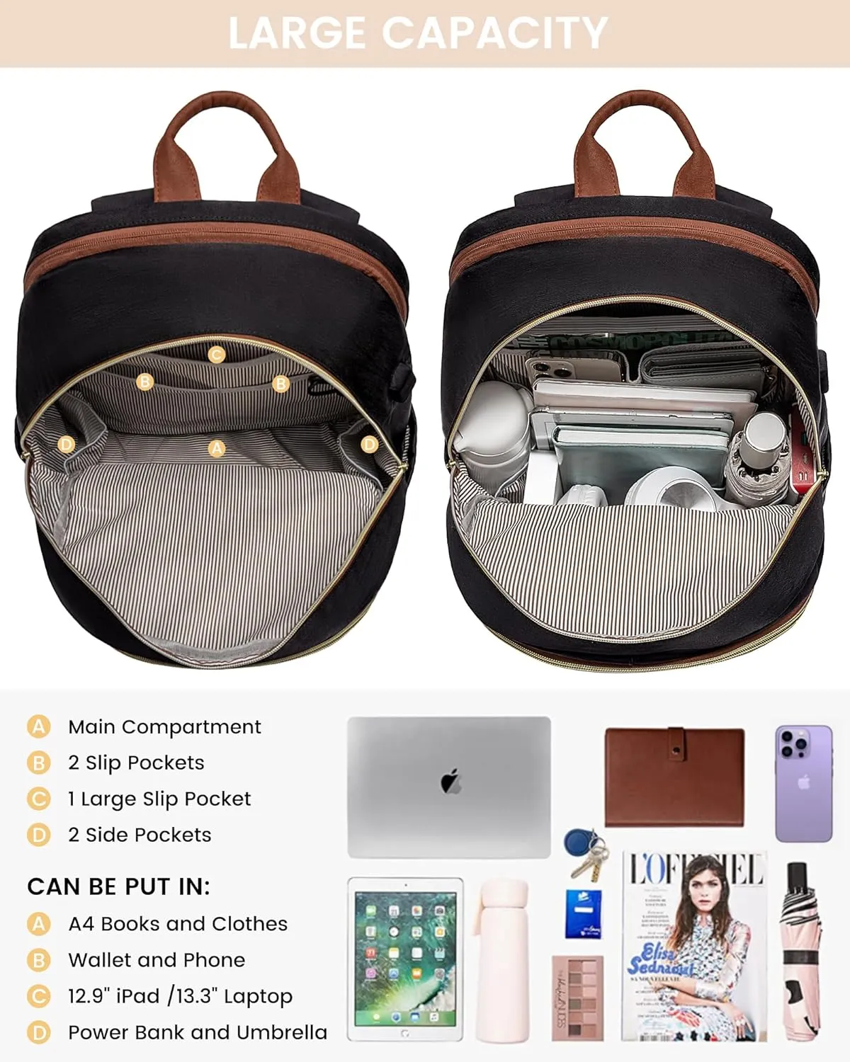 LOVEVOOK Laptop Backpack for Women,15.6 Inch Fashion Travel Backpack,Large Capacity Backpack Purse with USB,Water-resistant fits College Work Business Travel （Black & Brown）